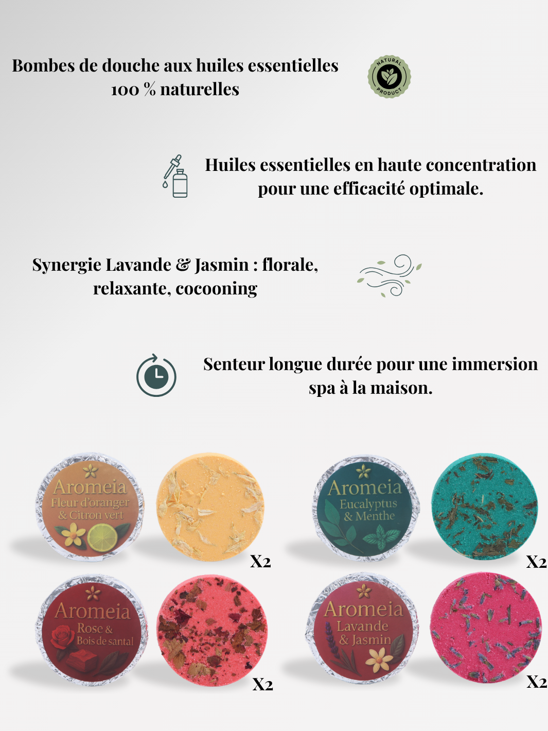 Bombe de douche | Coffret découverte | 8 arômes intenses à base d'huile essentielle premium.