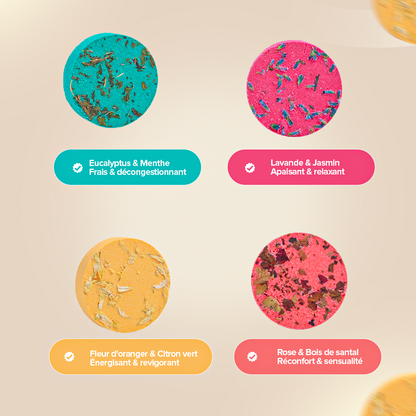 Bombe de douche | Coffret découverte | 8 arômes à base d'huiles essentielles naturelles premium.