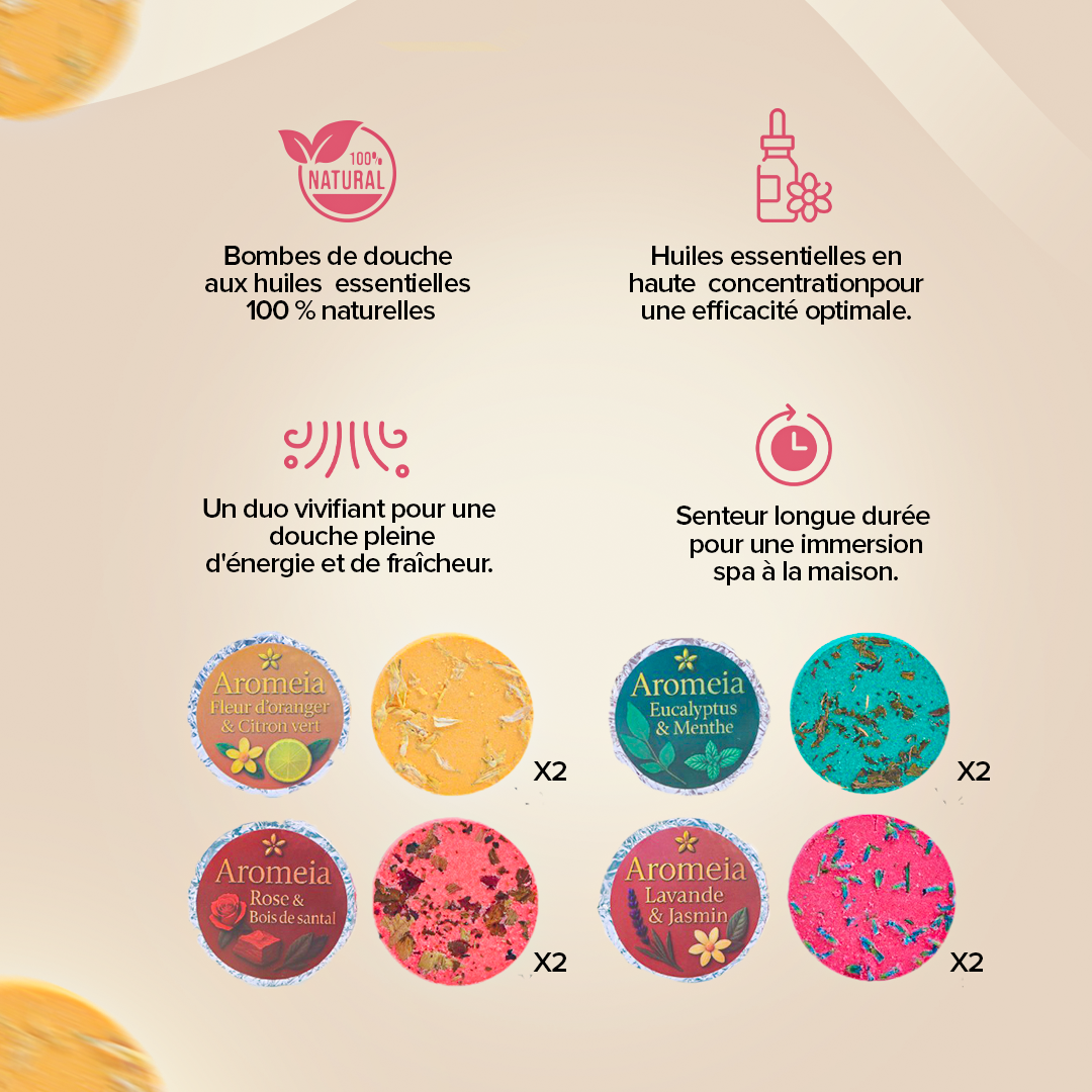 Bombe de douche | Coffret découverte | 8 arômes à base d'huiles essentielles naturelles premium.