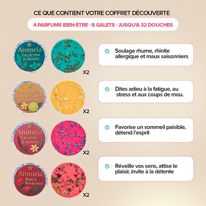 Bombe de douche | Coffret découverte | 8 arômes à base d'huiles essentielles naturelles premium.
