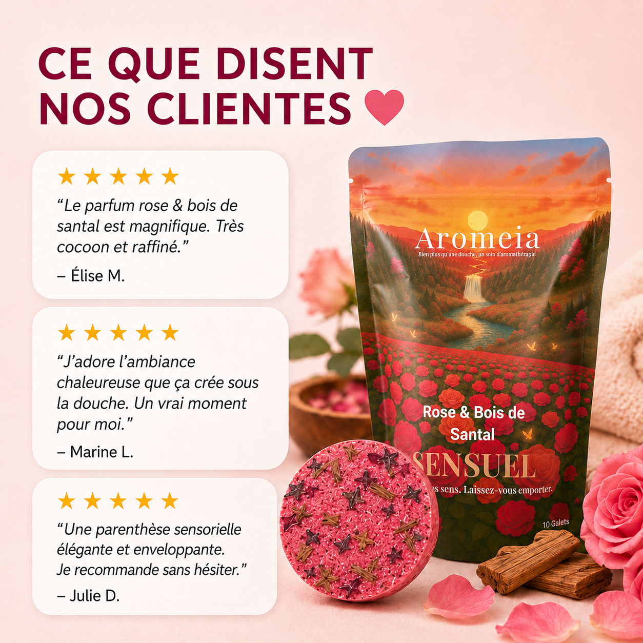 Coffret Sensuel | 10 Bombes de douche Rose & Bois de Santal