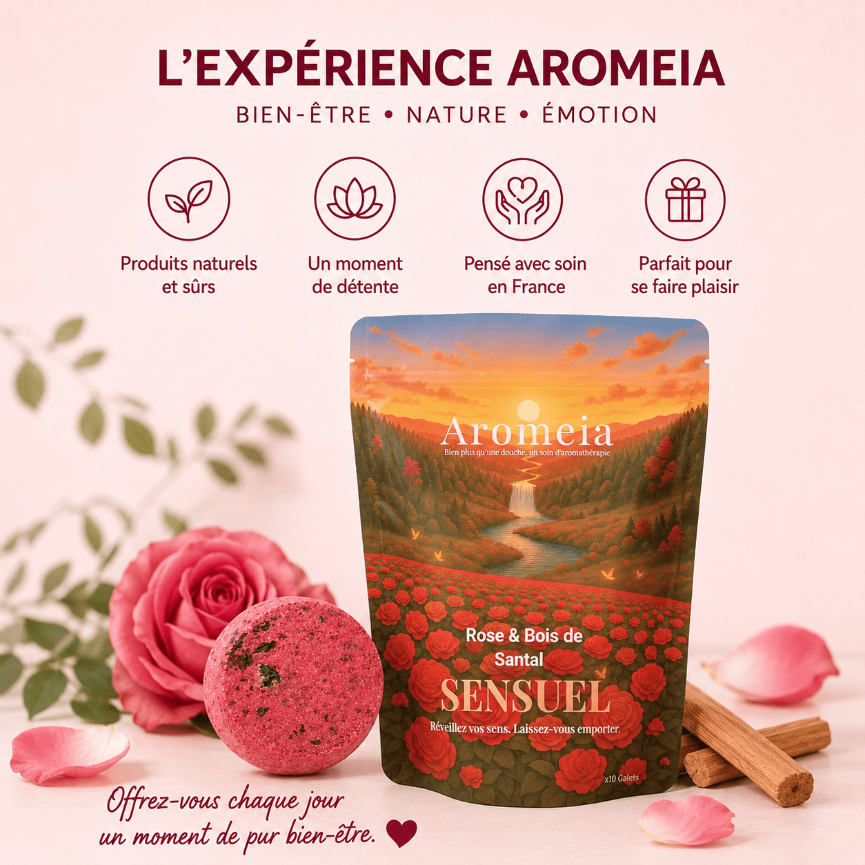 Coffret Sensuel | 10 Bombes de douche Rose & Bois de Santal - Aromeia